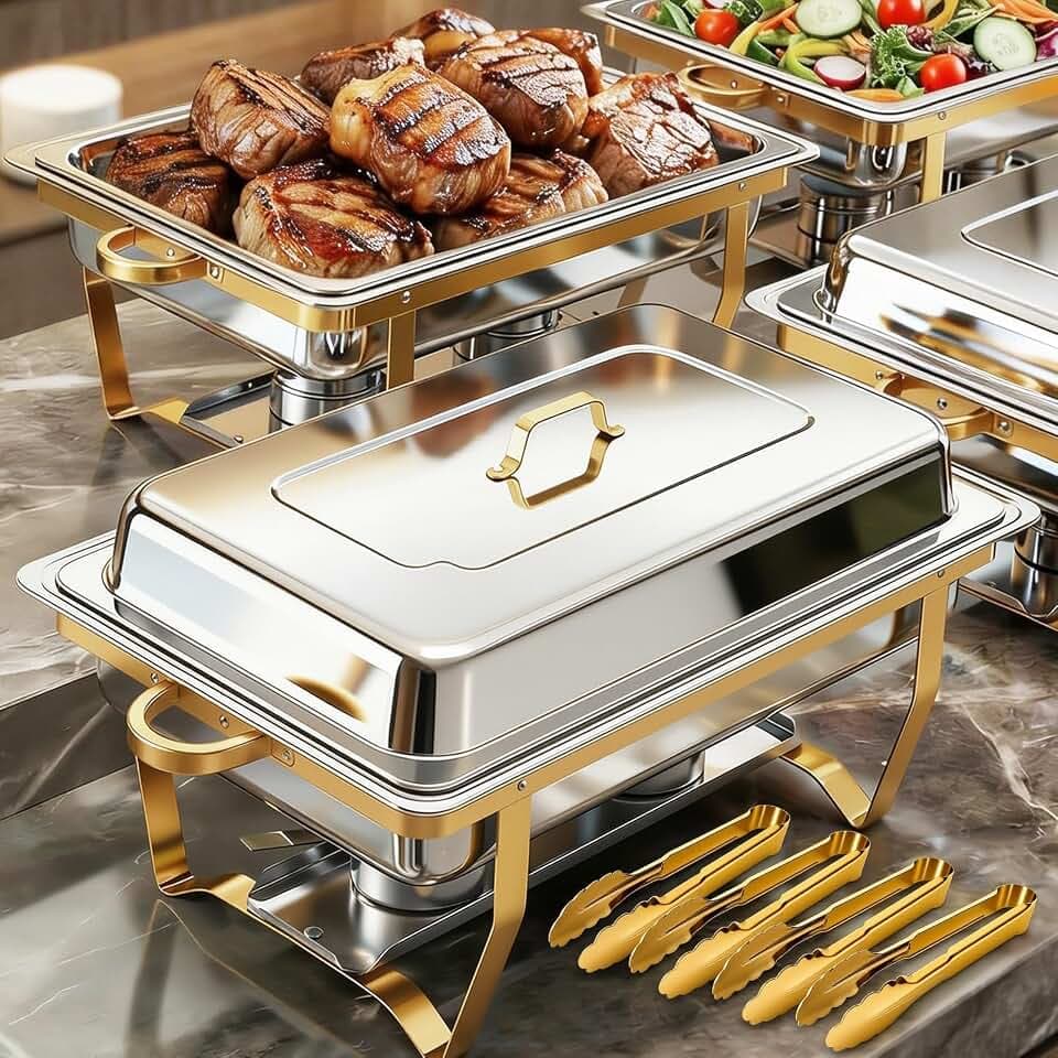 ALSO GO Chafing Dish Buffet Set, 11QT 4 Pack Gold Chafing Dishes for Buffet with 4 Serving Tongs, Buffet Set Full Size Large Serving Chafing Dishes, Warming Food Tray for Catering & New Year Parties