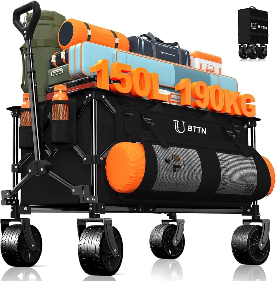 BTTN Bollerwagen faltbar 150L 190kg Tragkraft, All Terrain Rädern, Schwarz