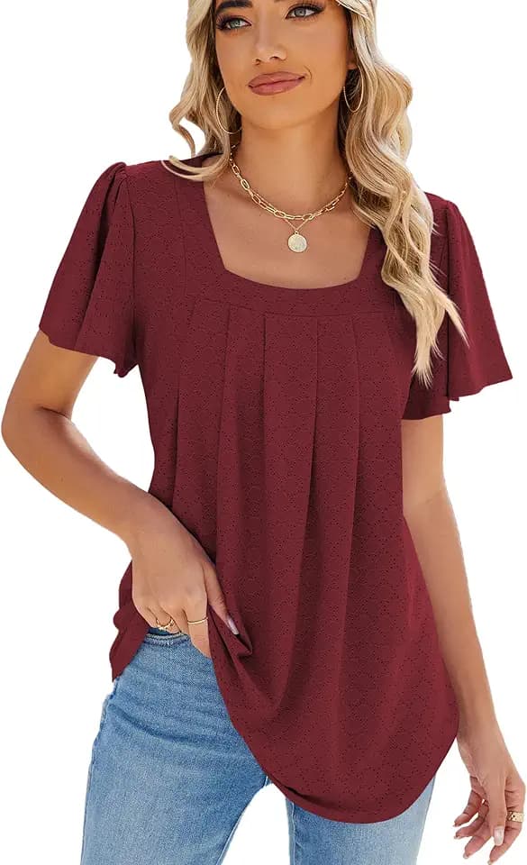 Famulily Sommer-T-Shirts für Damen, Rüschen, kurzärmelig, modisch, quadratischer Ausschnitt, lockere Blusen