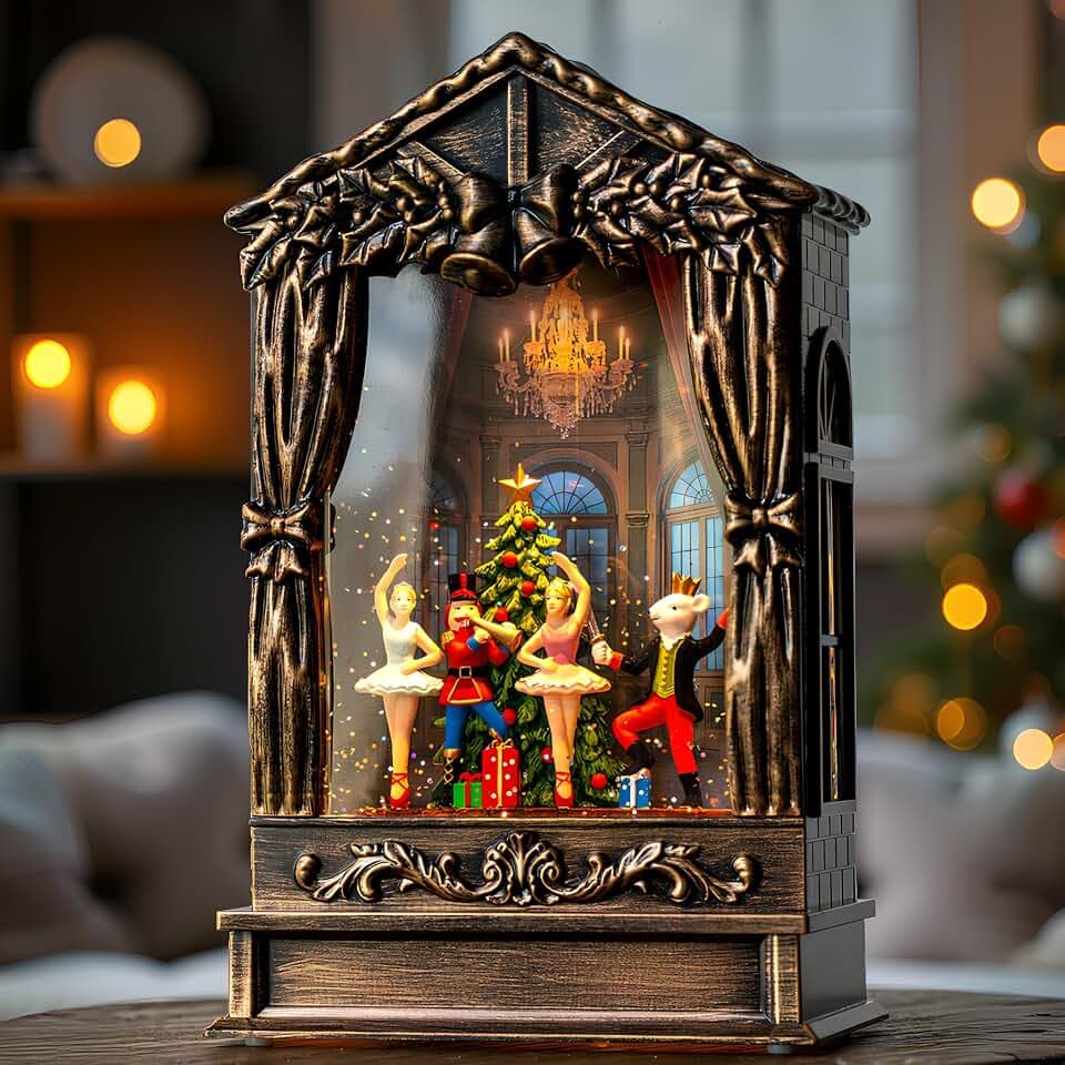 Christmas Snow Globe Lantern Water Glittering Nutcracker Ballet Theatre with Music & Timer, USB Lined/Battery Operated Lighted Lantern for Christmas Festival Decoration Gifts