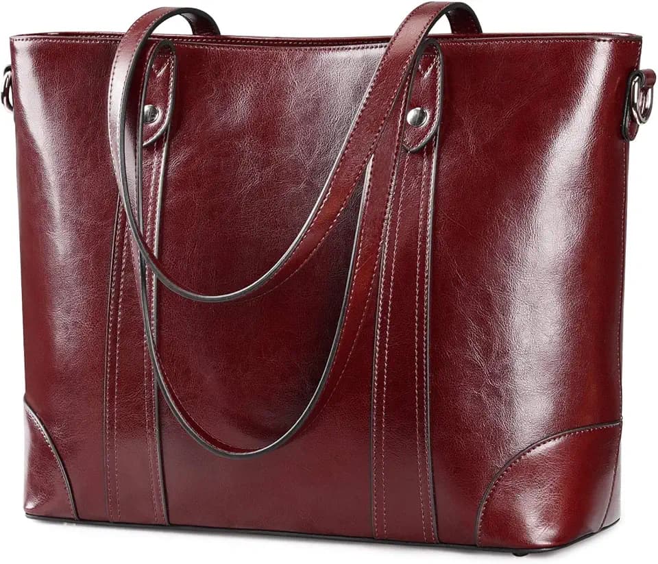 S-ZONE Damen Schultertasche 15,6 Inch Laptoptasche Große Leder Shopper Arbeitstasche Umhängetasche Handtasche mit Gepolstertem Laptopfach