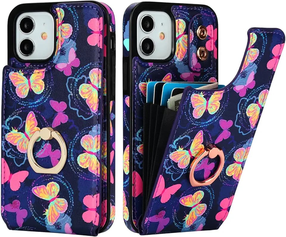 HAOPINSH for iPhone 12/ iPhone 12 Pro Wallet Case with Card Holder, 360°Rotation Ring Kickstand, Pink Butterfly Pattern, RFID Blocking Leather for Girls Women, Double Buttons Protective Cover 6.1"