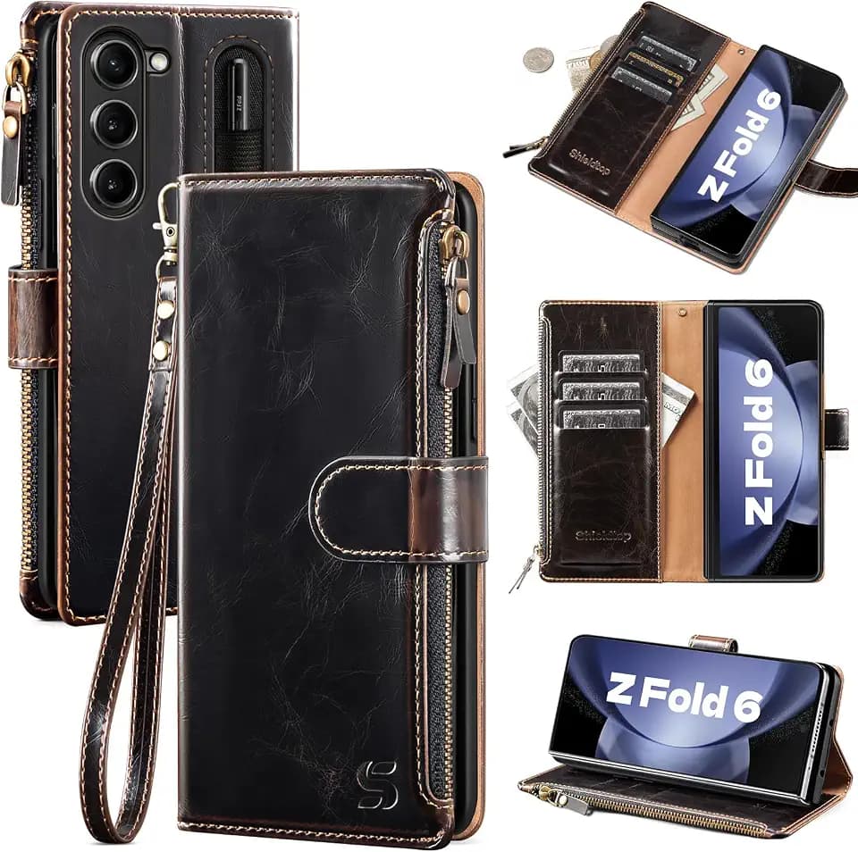 Shieldtop Compatible with Samsung Galaxy Z Fold 6 5G Wallet Case with S Pen Holder,Women Man RFID Blocking PU Leather Flip Phone Case Protective Cover Wrist Strap Credit Card Holder Slots,Coffee