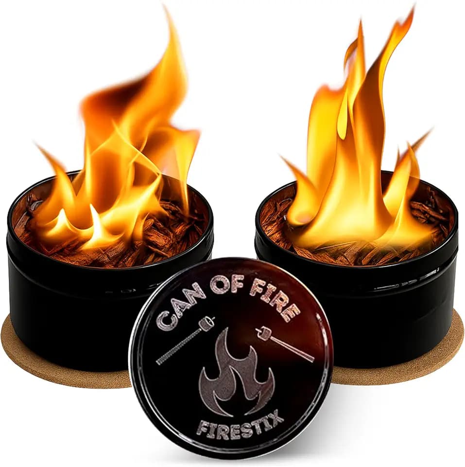 [2-Pack] Can of Fire Tabletop Mini Bonfires – 2–3 Hour Burn Time – Made from Recycled Wood Chips & Paraffin Wax – Includes Safety Coasters – Reusable Flame for Camping, Ambiance, and Emergency Heat