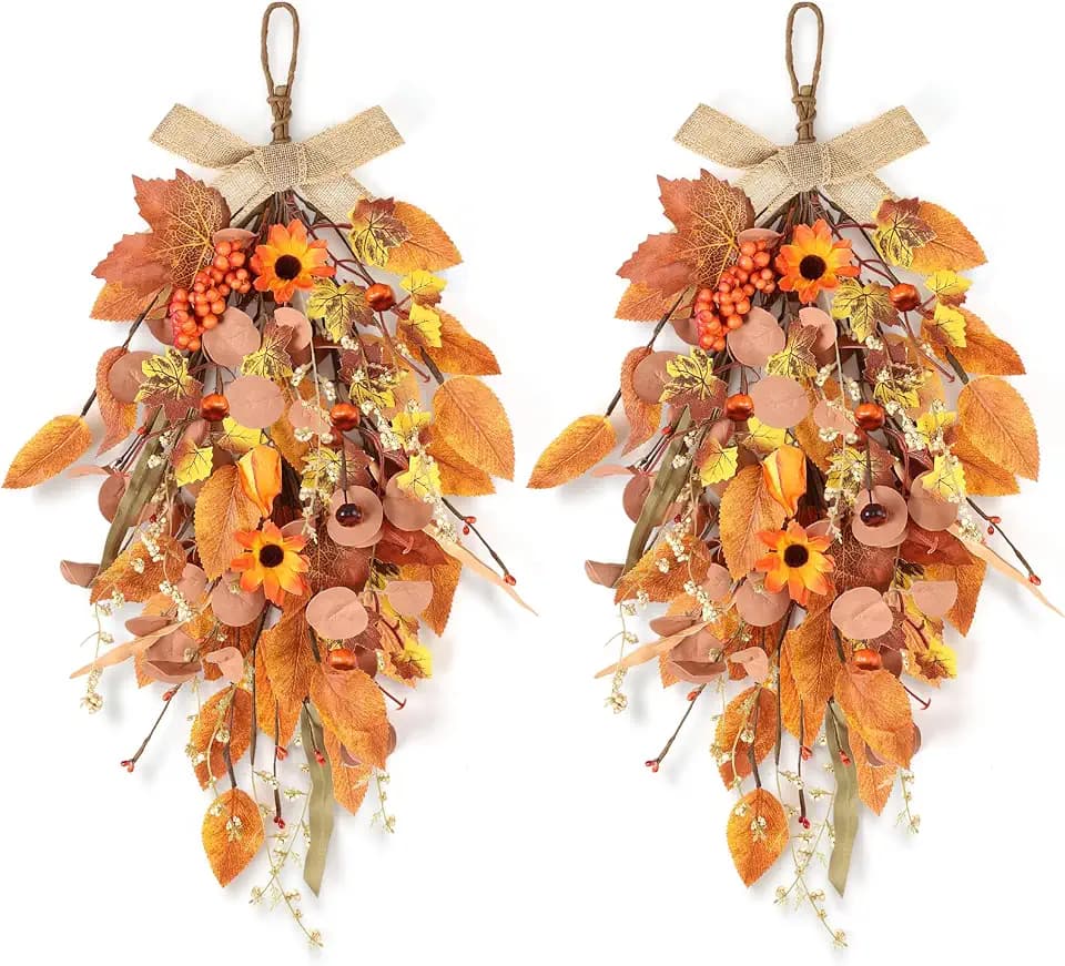 2 Pcs 24" Artificia Fall Swag for Front Door Autumn Teardrop Swag Harvest Sunflowers Pumpkins Leaves Berries Door Swag Hanging Flower Wreath for Window Wall Decor