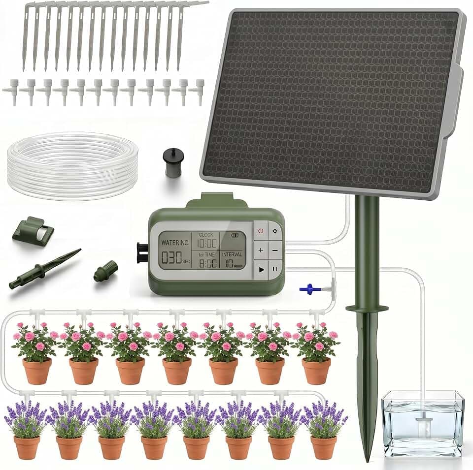 Solar Drip Irrigation System Timed Watering, Programmable Solar Water Drip for 15 Plants, Drip Irrigation Kit with 33FT 1/4'' Tube, 15x Tee Fitting, 15x Flow Valve, 15x Drip Stake(Solar Powered)