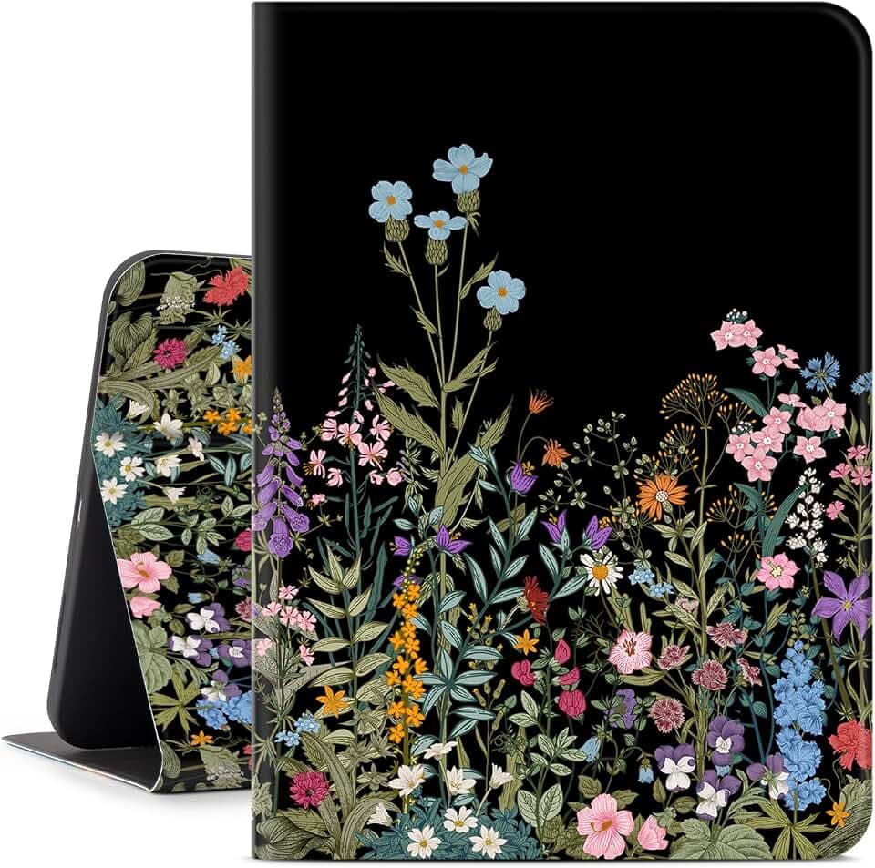for iPad (A16) 11Th/10Th Generation Case 2025/2022, for iPad Case 11Th/10Th Generation, 10Th/11Th Gen iPadCase Cover Auto Wake/Sleep Multi-Angle Viewing Adjustable Stand, Black Flower