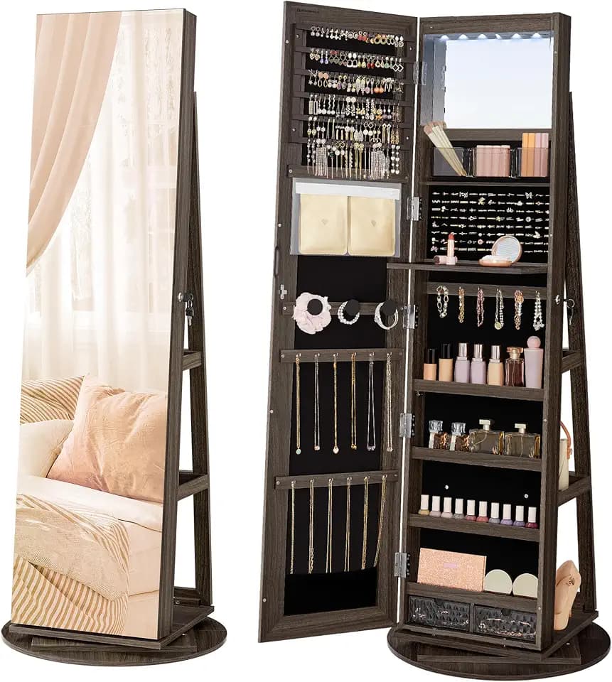 SONGMICS 6 LEDs Mirror Jewelry Cabinet Organizer, 360° Swivel, Lockable