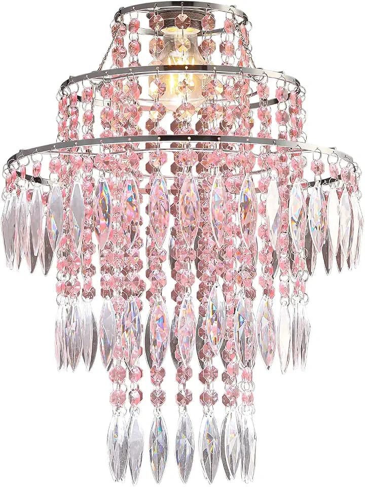 3 Tiers Acrylic Chandeliers lamp Shade, Pink Acrylic Beaded Chandelier,Pendant Ceiling Light Shade for Wedding Bedroom Hallway Bathroom - Diameter 13.7''*H17.7''