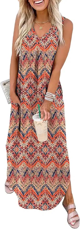 WIHOLL Sommerkleider für Damen, Maxikleid, Strandkleid, lässig, locker, V-Ausschnitt, Seitenschlitz, Sonnenkleider mit Taschen