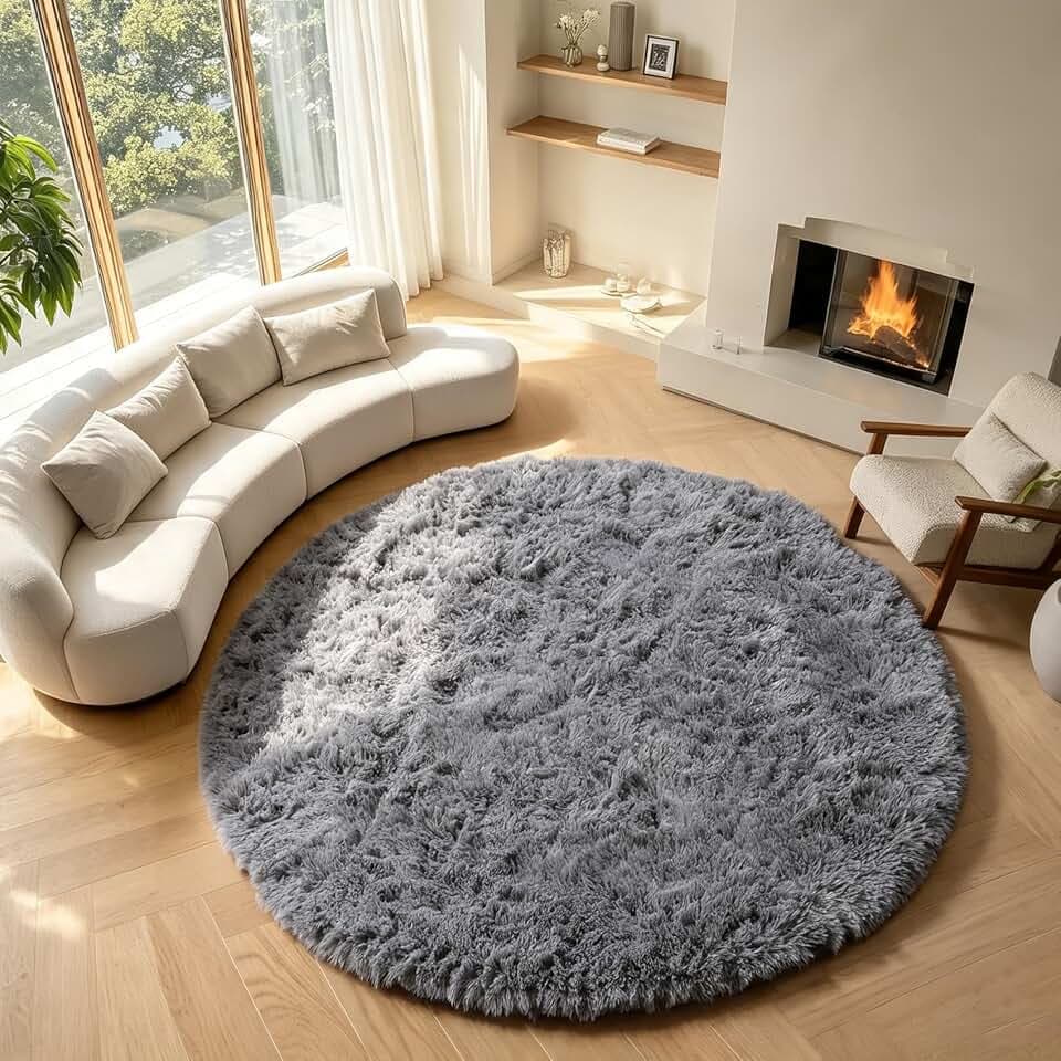 ONASAR Grey Round Rugs 7ft for Living Room, Fluffy Bedroom Circle Area Rug, Soft Plush Shaggy Carpet for Kids Girls Boys Teen Nursery Dorm Classroom Playroom Home Decor Aesthetic