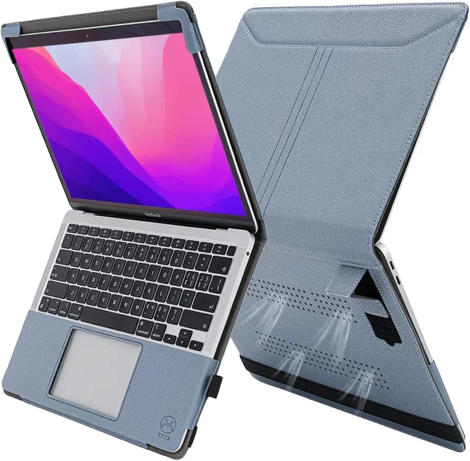 TYTX Compatible with MacBook Pro 13 Inch Case 2016-2025 PU Leather with Stand & Vents for Model M2 A2338 M1 A2251 A2289 A2159 A1989 A1708 A1706, GrayBlue