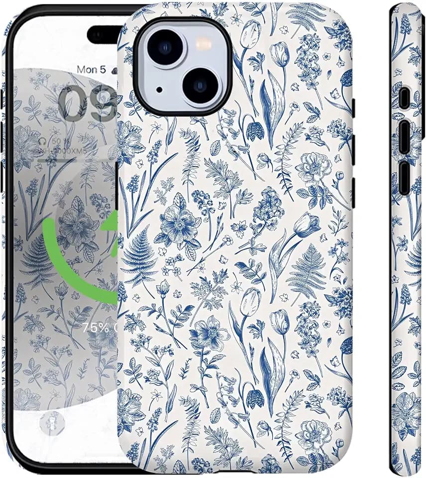 Compatible for iPhone 14 Case Vintage Blue Flowers Florals Cute Aethetic Design for Women Girls [Compatible with Magsafe] Rugge 2-in-1 Layer Shockproof Anti-scratch Phone Case for iPhone 14 Case