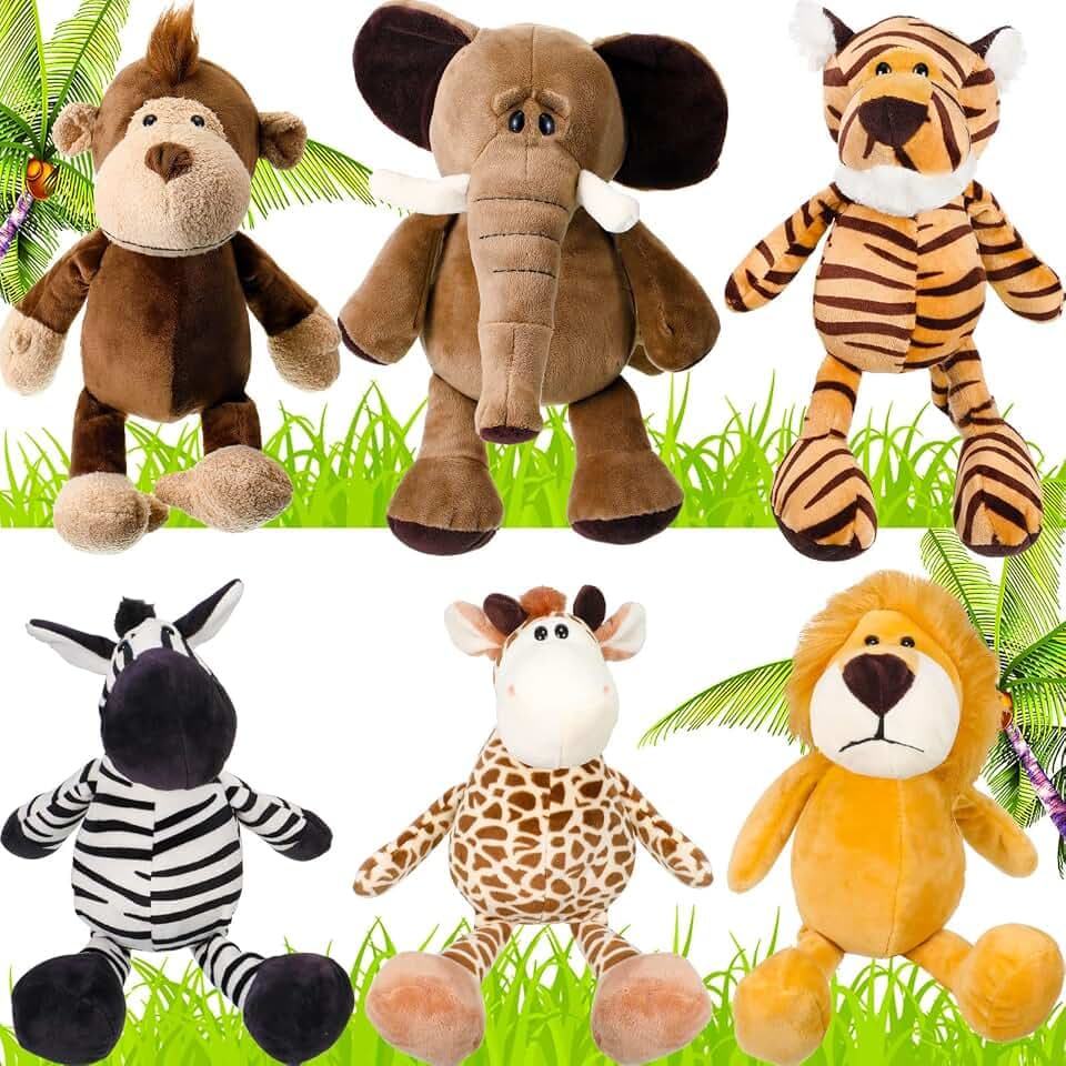 Zhanmai 6 Pcs Safari Animals Stuffed Plush Jungle Toys Set