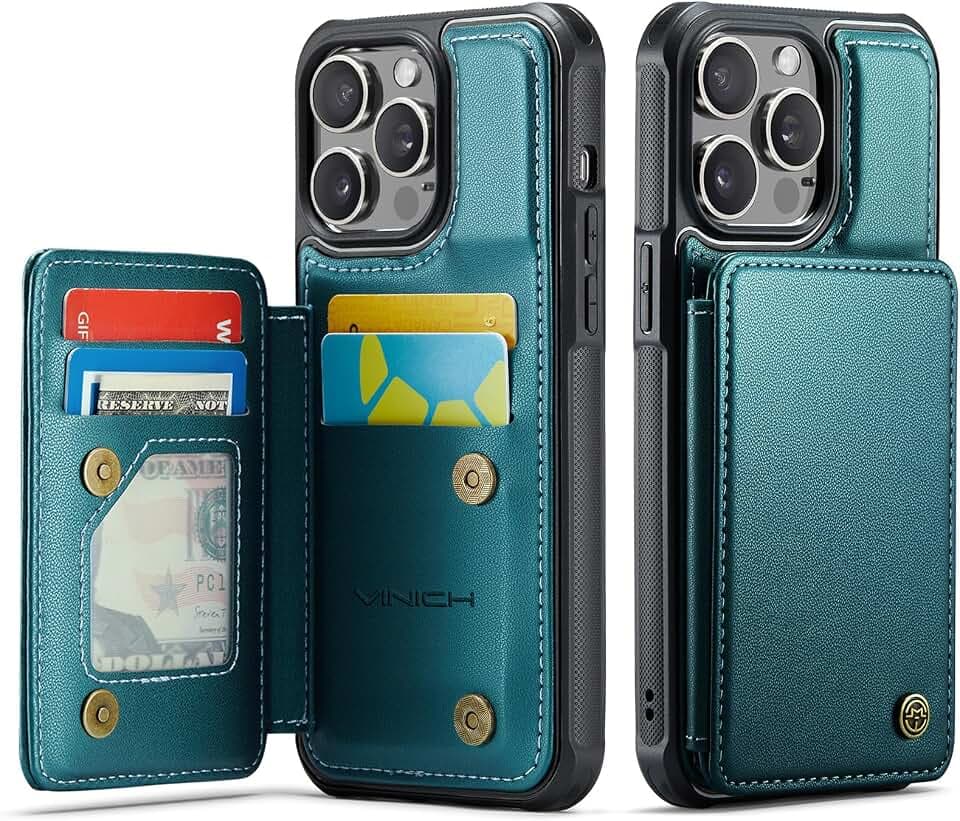 Vinich for iPhone 14 Pro Max Wallet Case with Card Holder, Bluish Green