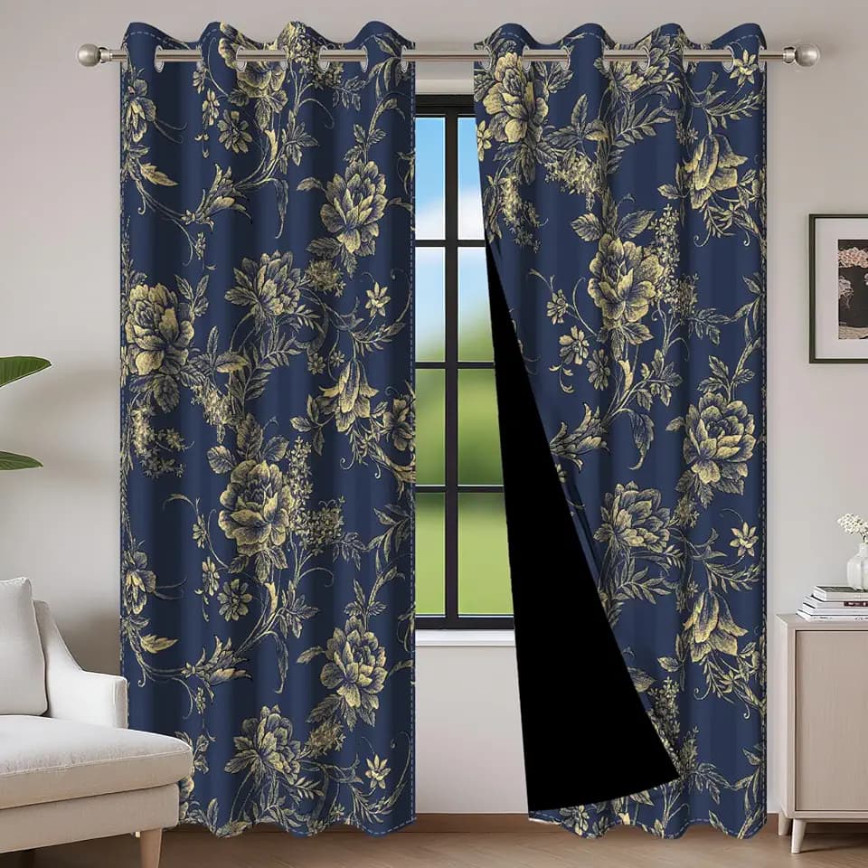 Blackout Floral Curtains for Bedroom, 96 inch Long Printed Flower Black Out Curtains, French Country Window Treatment Farmhouse Drapes Set 2 Panels Blue 53Wx96L