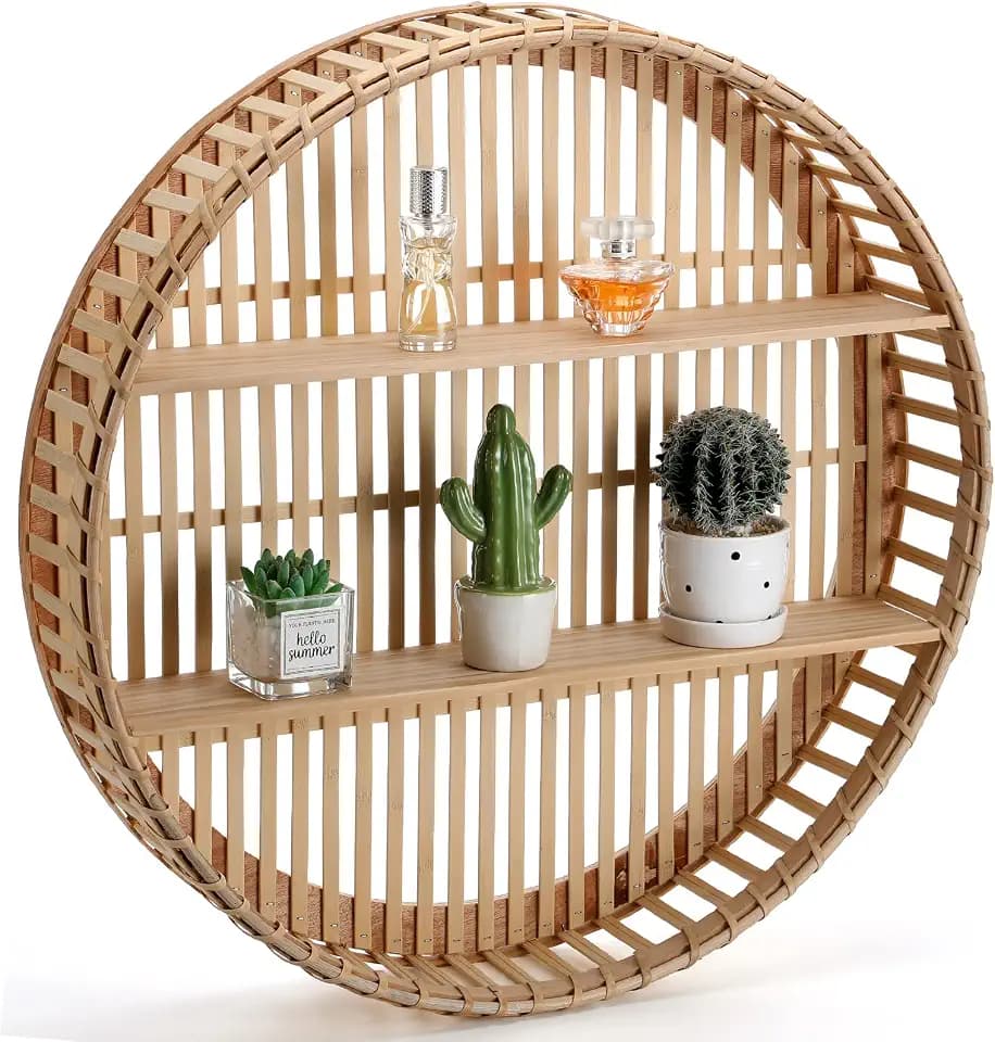 Pinkunn Circle Shelf, 2 Tier Boho Rattan Wall Shelf, Farmhouse Handcraft