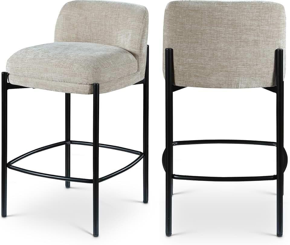 Meridian Furniture 429Beige-C Burton Collection Modern | Contemporary Stool with Soft Beige Chenille Fabric, Matte Black Metal Frame, 17.5" W x 19.5" D x 32.5" H, Beige, Set of 2