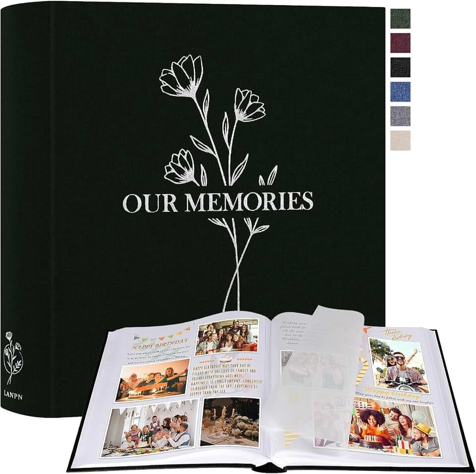 Lanpn Fotoalbum zum Selbstgestalten Einkleben, Großes OUR MEMORIES Leinen Fotobuch 160 weißen Seiten mit Pergamin Trennblätter Fasst 9x13 10x15 13x18cm Fotos (30x33,5 cm, Schwarz)