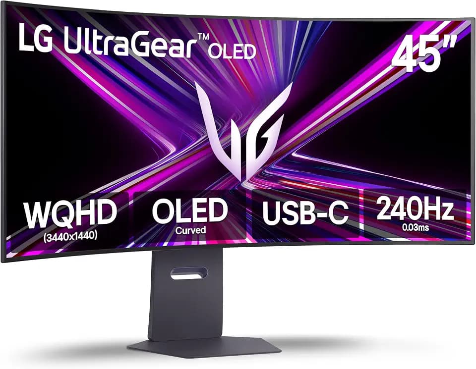 LG 45GX900A-B 45-Inch Ultragear WQHD (3440 x 1440) OLED Curved Gaming Monitor, 240Hz, 0.03ms, NVIDIA G-Sync, VESA DisplayHDR True Black 400, HDMI 2.1, DisplayPort, USB Type-C PD 65W