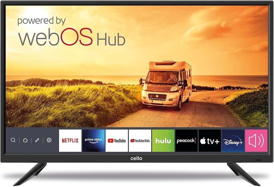 Cello 12 Volt 32 Zoll Traveller Smart TV, Ultraschnelles WebOS, Bluetooth, Netflix, Prime Video, YouTube, DAZN. Wohnmobile, Wohnwagen, LKWs