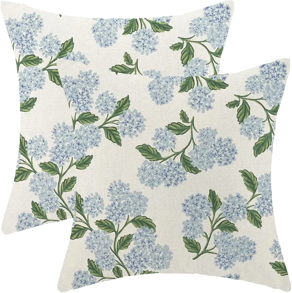 Spring Pillow Covers 18x18 Pack of 2 Green Blue Hydrangea Floral Throw Pillow Covers Outdoor Summer Seasonal Flower Decor Pillowcase Farmhouse Decorative Linen Cushion Case for Sofa Couch