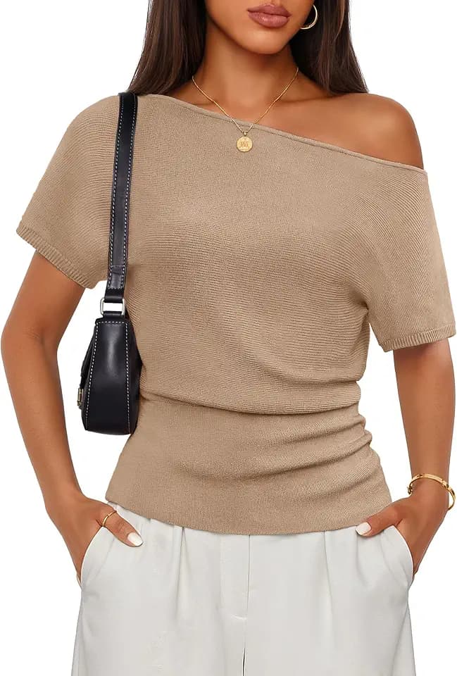 ZESICA Women's 2026 Summer Off The Shoulder Short Sleeve Sweater Tops