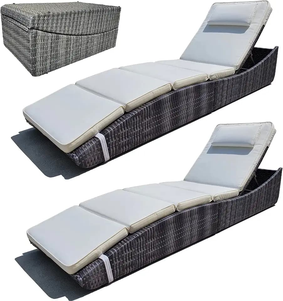 BTEXPERT Set of 2, Foldable Outdoor Chaise Pool Lounge Chair Folding Wicker Rattan Sun Bed Patio Couch Reclining Lounger Adjustable Padded Backrest Pillow Assembled- Biege Cream