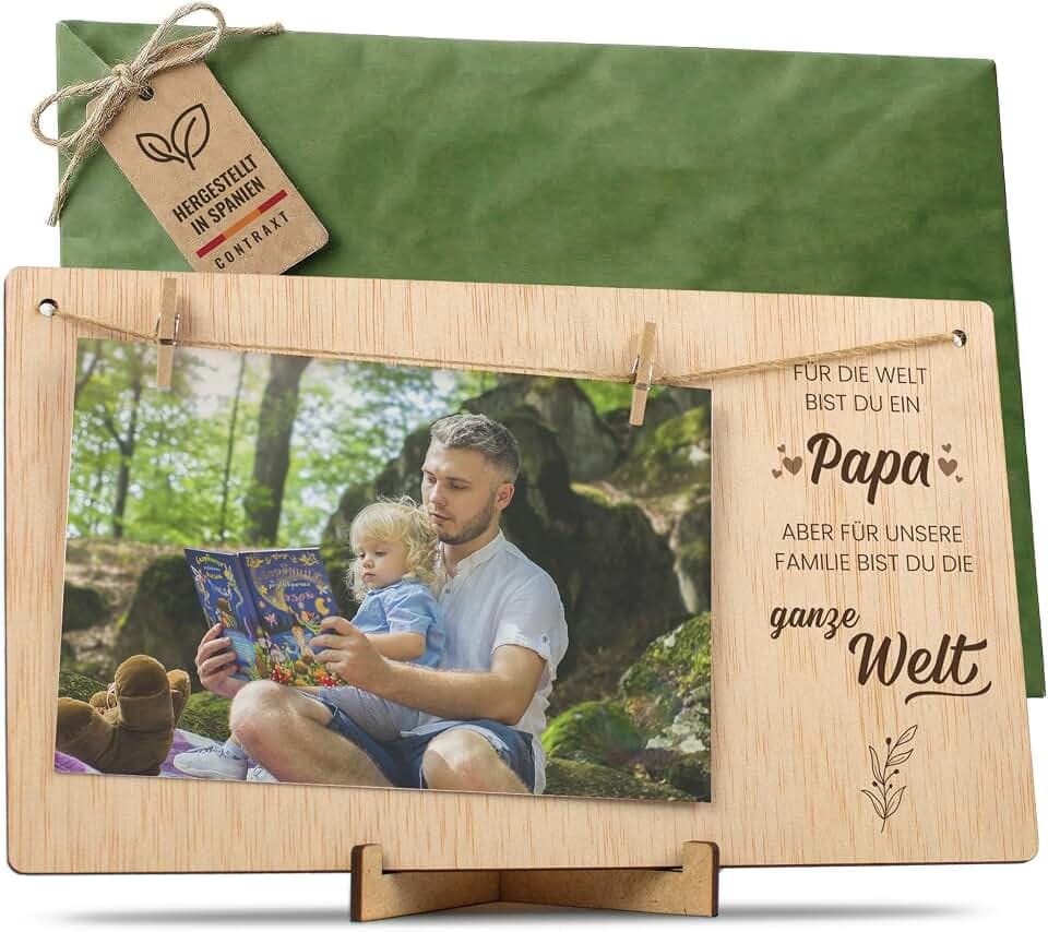 CONTRAXT Geschenke Fotorahmen für Vater Vatertag. Details Ideen für Papa Vati Bilderrahmen mit Klammern und Leine Fotoleine polaroid bilder rahmen fotorahmen holz (Vati DE)