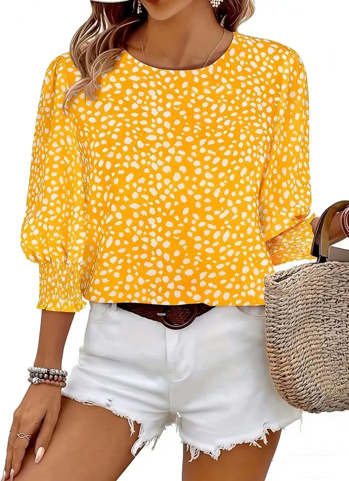 Halife Womens Blouses 3/4 Sleeve Dressy Casual Crew Neck Smocked Cuff Tops