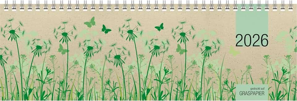 Zettler Tischquerkalender 1W/2S Graspapier 2026 – Wochenkalender 32 × 11 cm, 1 Woche auf 2 Seiten, nachhaltiger Bürokalender mit Stundeneinteilung 8–20 Uhr & 4-sprachigem Kalendarium