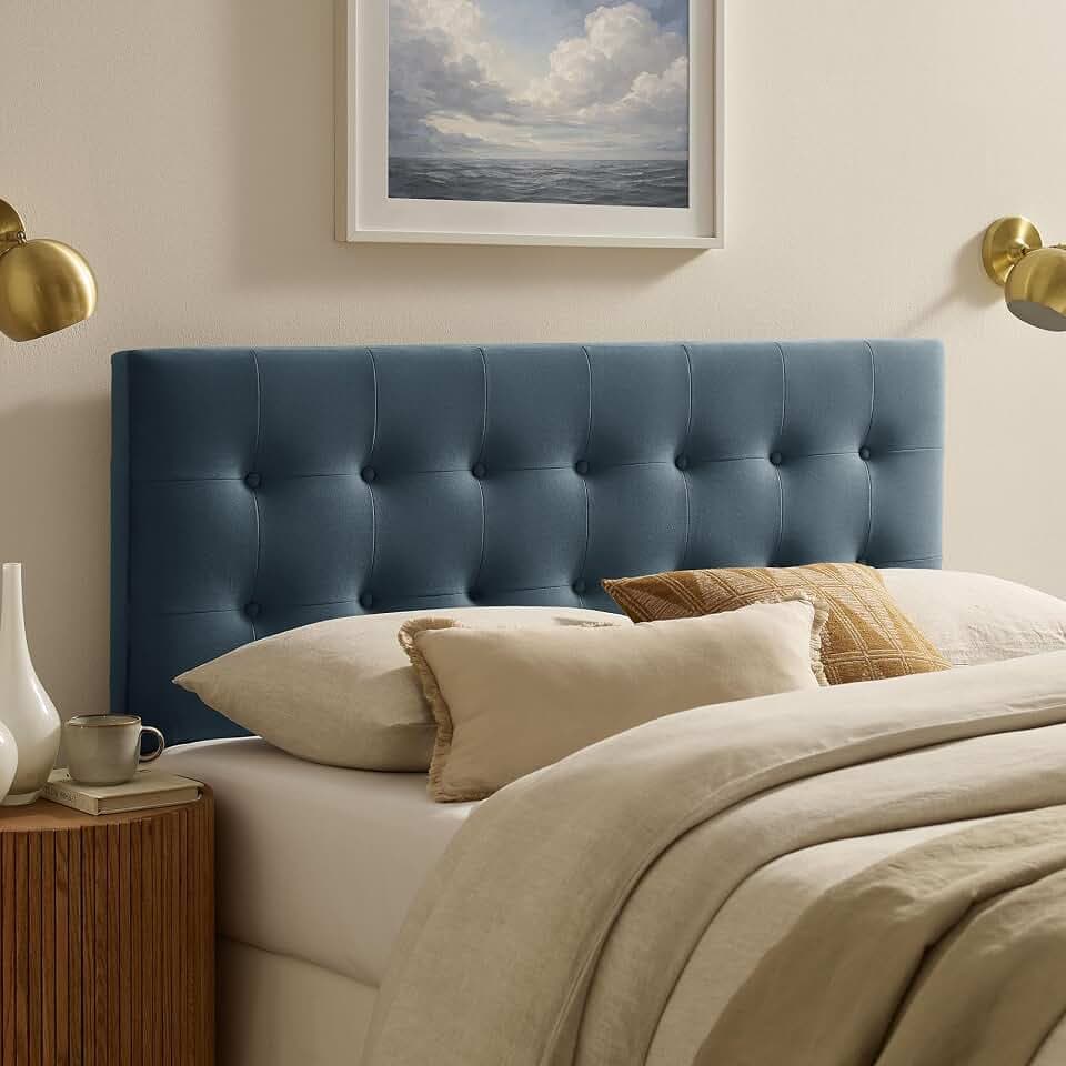 Modway Emily Full Size Performance Velvet Headboard in Cadet Blue - Stain-Resistant Velvet Upholstery with Button Tufting and 7 Adjustable Height Positions