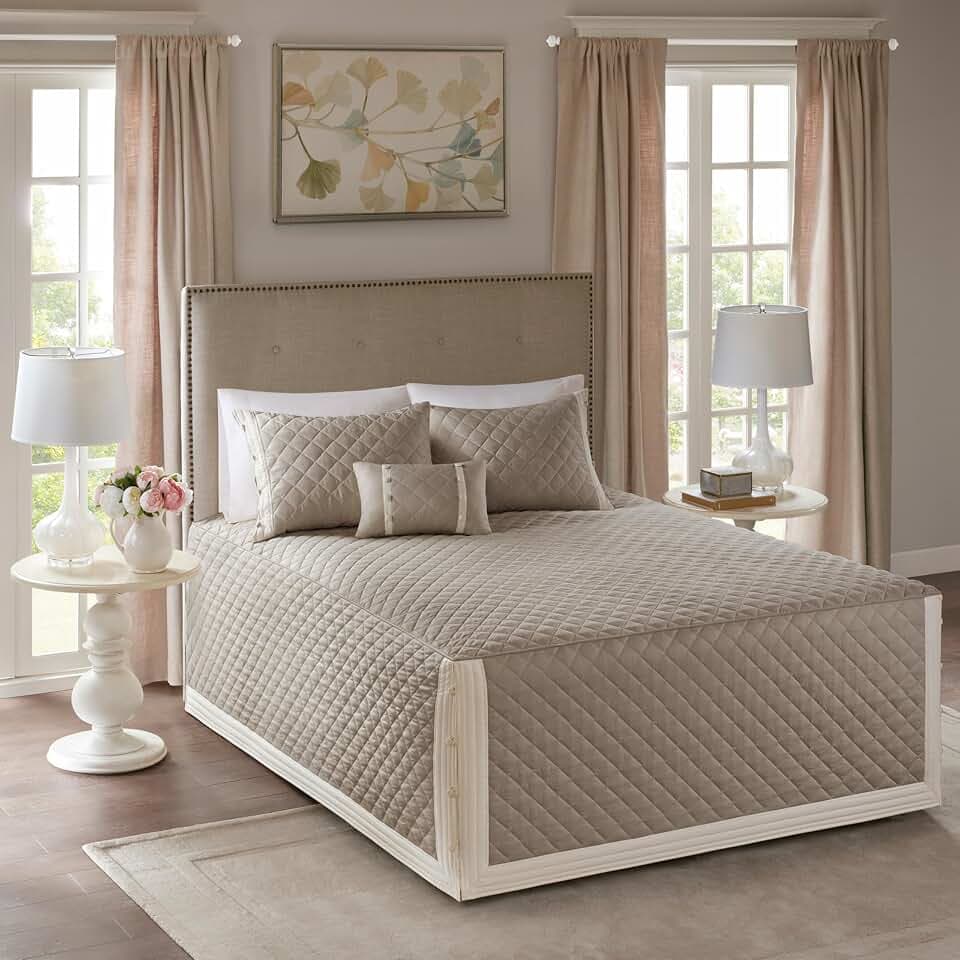 Madison Park Cotton Traditional Diamond Quilted Khaki King Quilt Set, 4pc