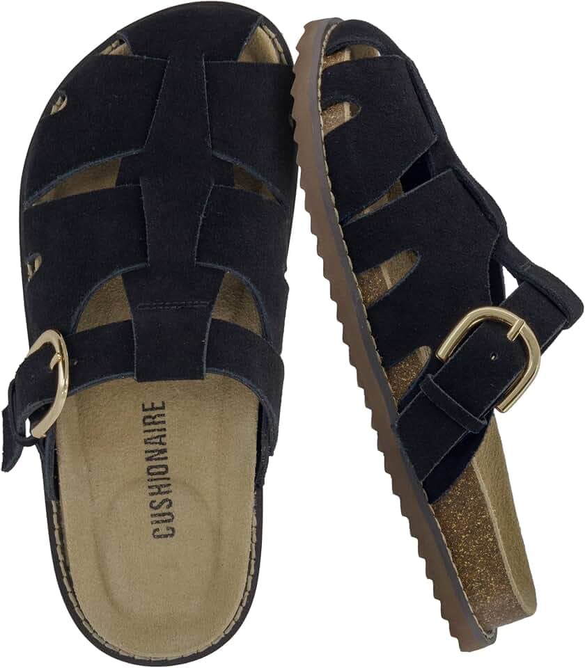 CUSHIONAIRE Benson Fisherman Sandals for Women – Suede Slip On Closed Toe Womens Clogs with Memory Foam Cork Footbed and Arch Support