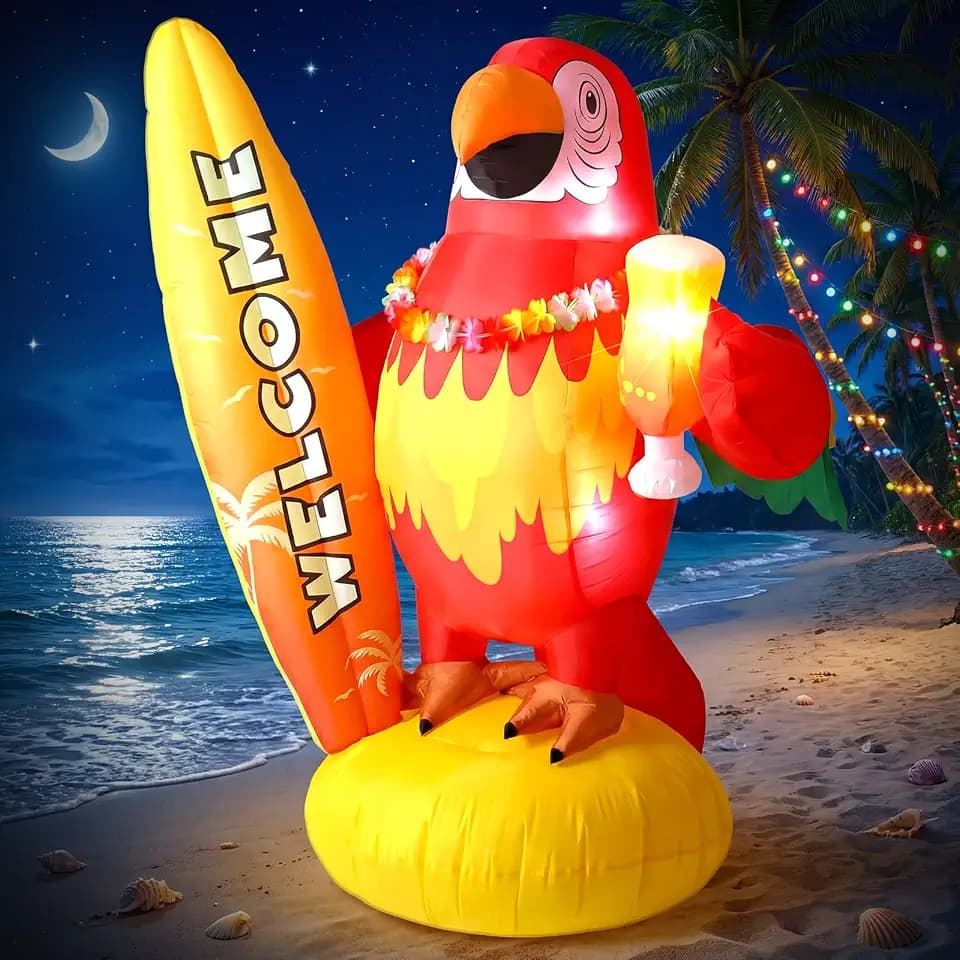 5 ft Inflatable Parrot with Surfboard and LED Lights