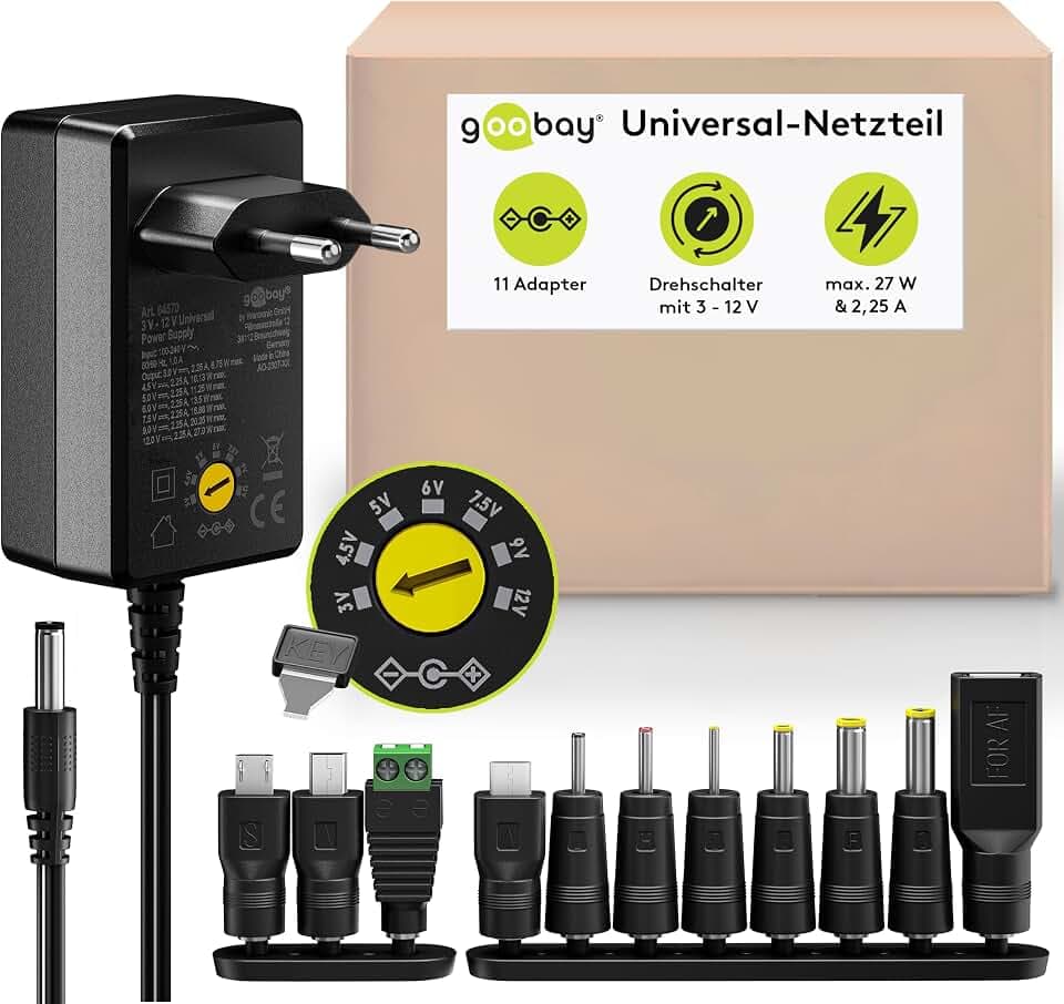 goobay 64570 Universal-Netzteil 3 V - 12 V, max. 27 W / DC Wechseladapter / Ersatznetzteil für TV, PC, Router, LED Streifen / Variable Spannung / USB C, USB A, Micro USB / inkl. 11 Adapter/ Schwarz