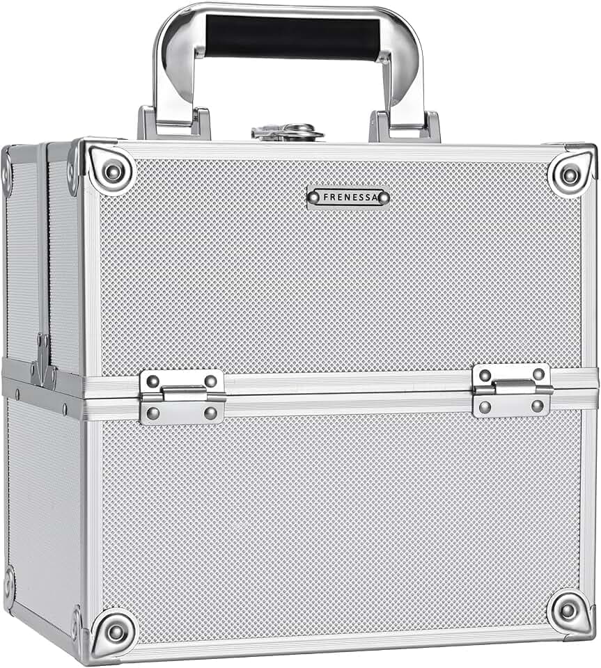 FRENESSA Makeup Train Case Makeup Organizer Box Portable Cosmetic Travel Case with Lock 4 Trays Aluminum Hard Vanity Box Make Up Artist Nail Beauty Storage Organizer Cosmetic Suitcase Bright Silver