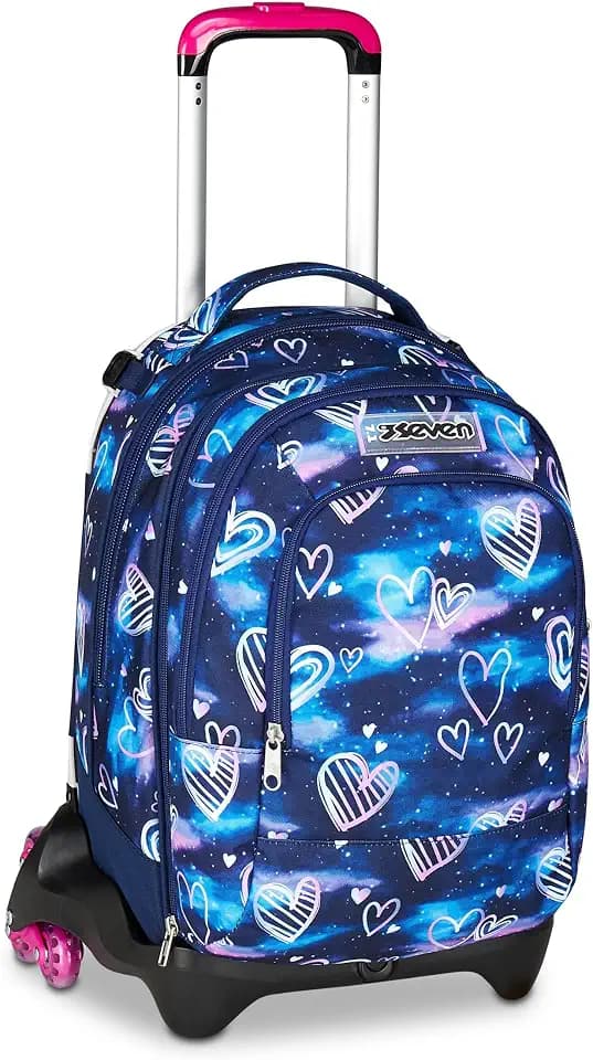 Seven Trolley Jack Detach Schulrucksack mit Rollen, Schulranzen 1 Klasse Mädchen, Trinkflaschenfach, 3-in-1, Abnehmbarer Kleiner Rucksack, versenkbare Schultergurte, lila/rosa