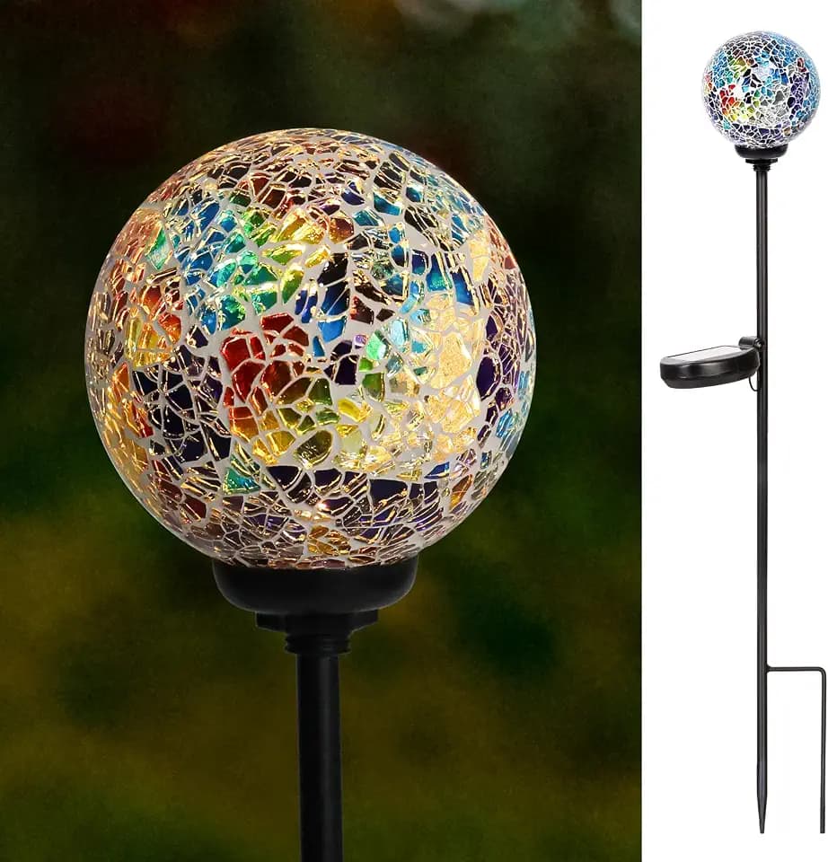 VCUTEKA Decorative Solar Garden Lights, 3.5" Mosaic Globe Outdoor Stake