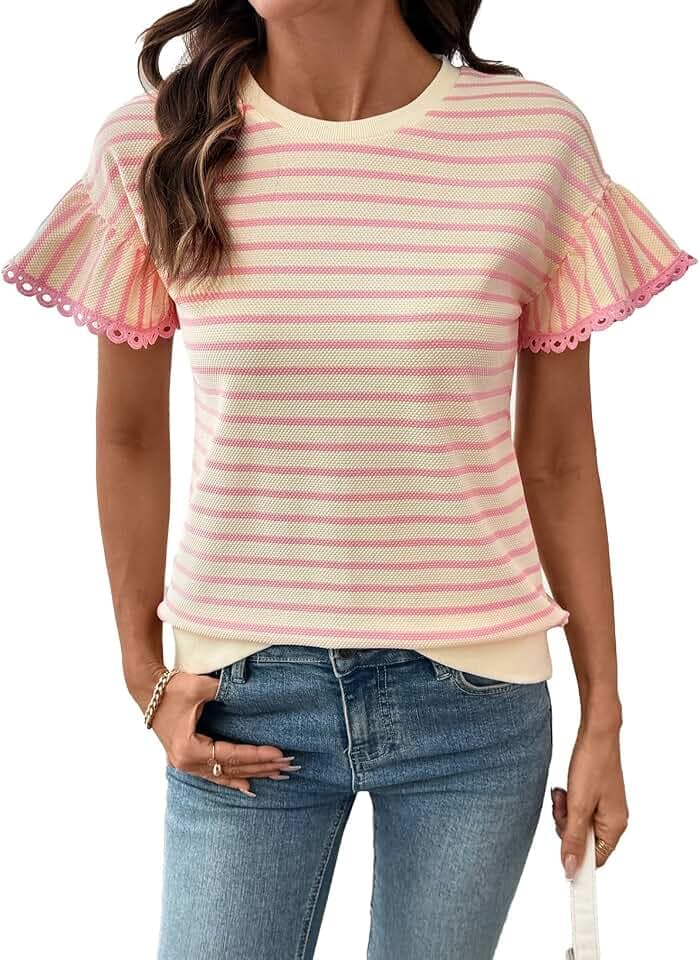 SHEWIN Women Summer Ruffle Sleeve Tops Rib Knit Stripe Shirt