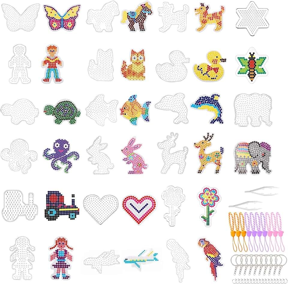 20 Stück Bügelperlen Platten, 5mm Bügelperlen Schablonen, Transparent, 20 bunte Motivkarten für Kinder
