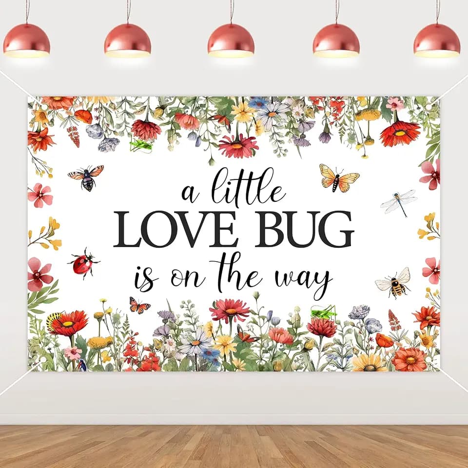 3 x 5 Ft A Little Love Bug is On The Way Backdrop, Summer Spring Insect Photography Background Decor, Garden Theme Photo Booth Background Banner for Baby Shower Gender Reveal Party Decoration