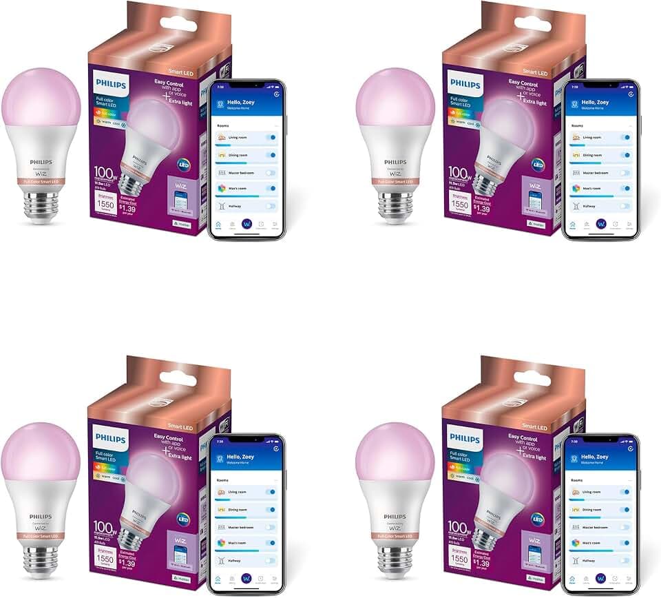 PHILIPS Smart 100W A19 LED Light Bulbs 4-Pack - Connects to Your Wi-Fi - E26 - Control with Voice or App + Activate with Motion - Matter Compatible