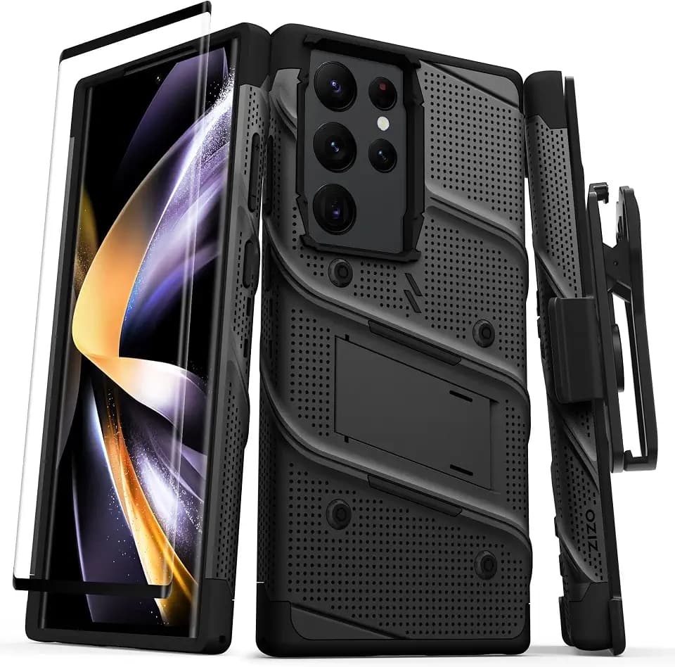 Zizo Bolt Bundle for Galaxy S23 Ultra Case with Screen Protector Kickstand Holster Lanyard - Black, Black/Black, BOLT-SAMGS23U-BKBK