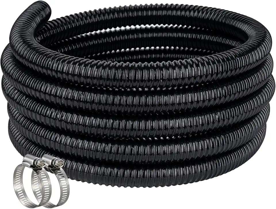 Pond Hose 1"ID × 10ft Black Corrugated Flexible Pump Tubing & 2 Clamps