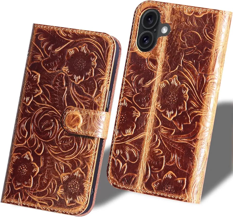 Leather Case Compatible with iPhone 16 Wallet 6.1 Inch Brown