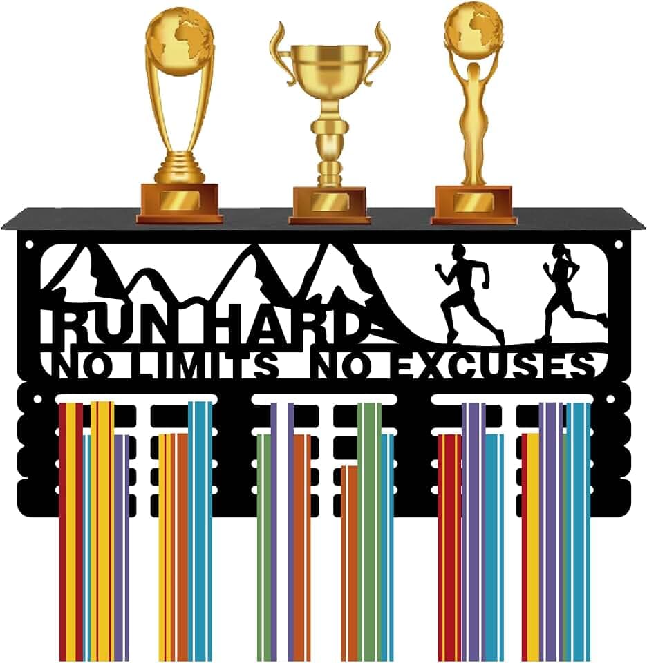 CREATCABIN Lauf-Medaillenhalter,Trophäenregal,Medaillenaufhänger Mit Regalständer,Sport,4 Reihe,Wandhalterung,Für Mehr als 70 Medaillen Fußball,Laufen,Schwimmen,Auszeichnungenständer,40x20x10cm