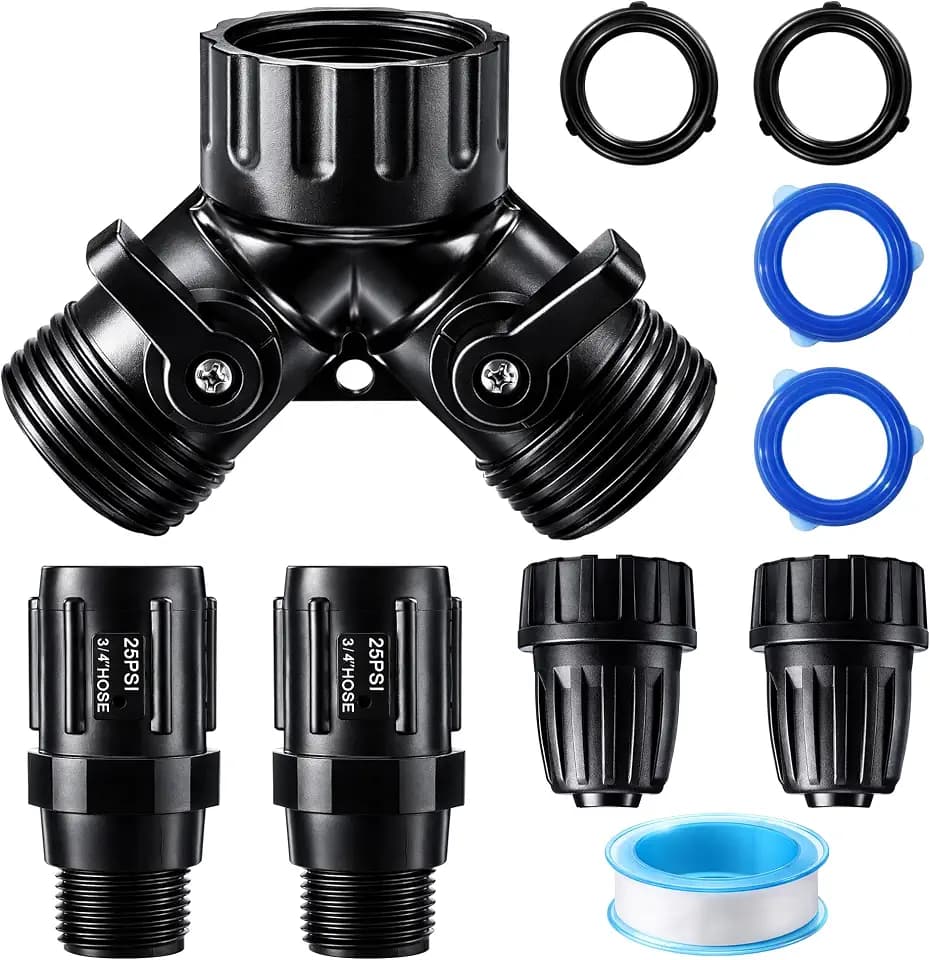 6 Pcs Drip Irrigation Kit, Included 2 Way Y Water Splitter Connector, 2 Pcs 25 PSI Garden Hose Pressure Regulator and 2 Pc 1/2 Inch Irrigation Tubing Hose Adapter for Drip Irrigate System