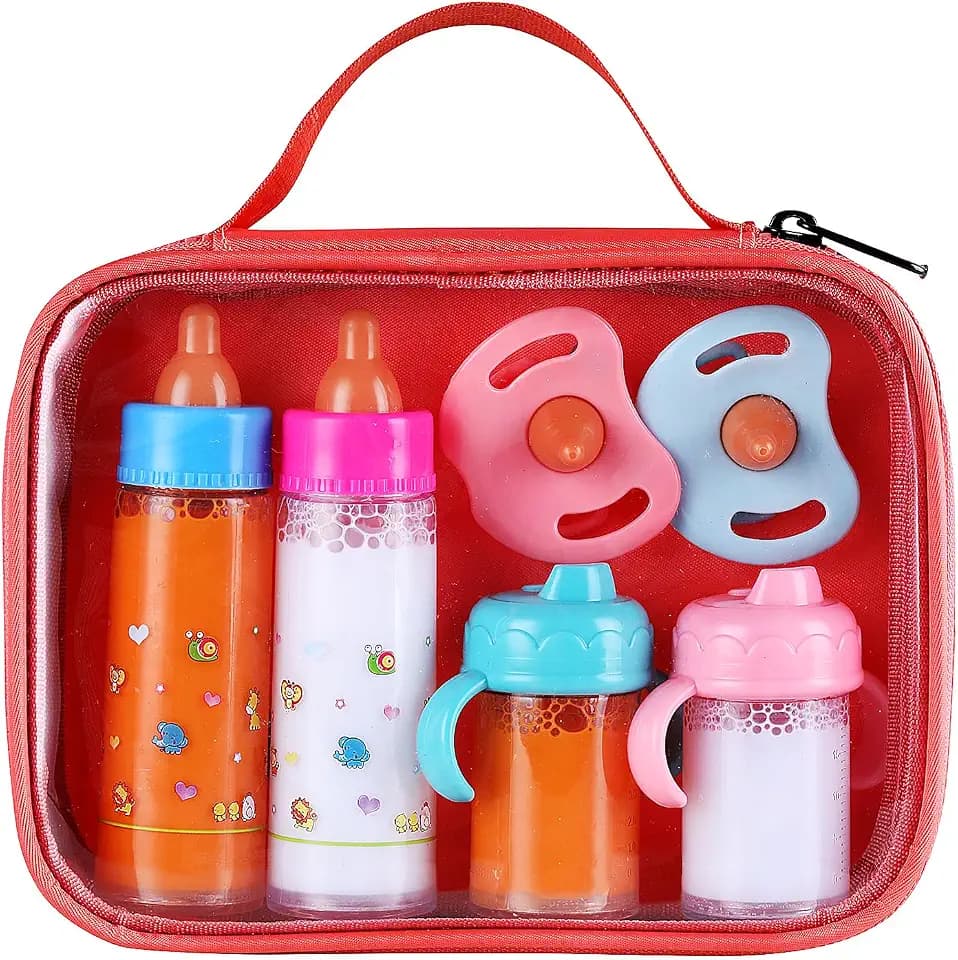 Magic Disappearing Milk and Juice Bottle with Pacifier,6 Pieces Pretend Play Feeding Toy Set with Package, Baby Doll Accessories for Girl