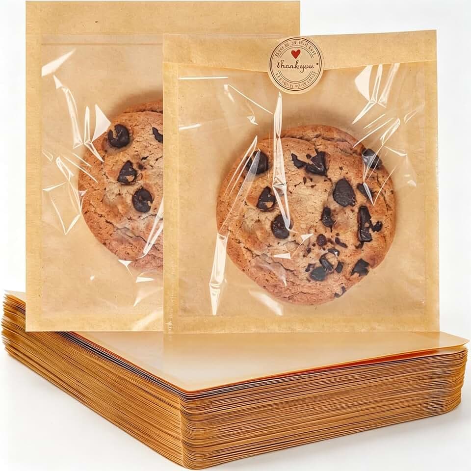 SUREHOME Cookie Bags Small Brown Paper Bags with Window 100 Pcs Thank You Stickers 5.7 x 6.5 Inch Individual Heat Sealable Kraft Bakery Bags for Gift Giving, Treats, Snacks, Baked Goods Packaging